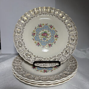 Vintage American Limoges Lyric Plates Set of 4, 22K Gold Filigree Rim 9.5"